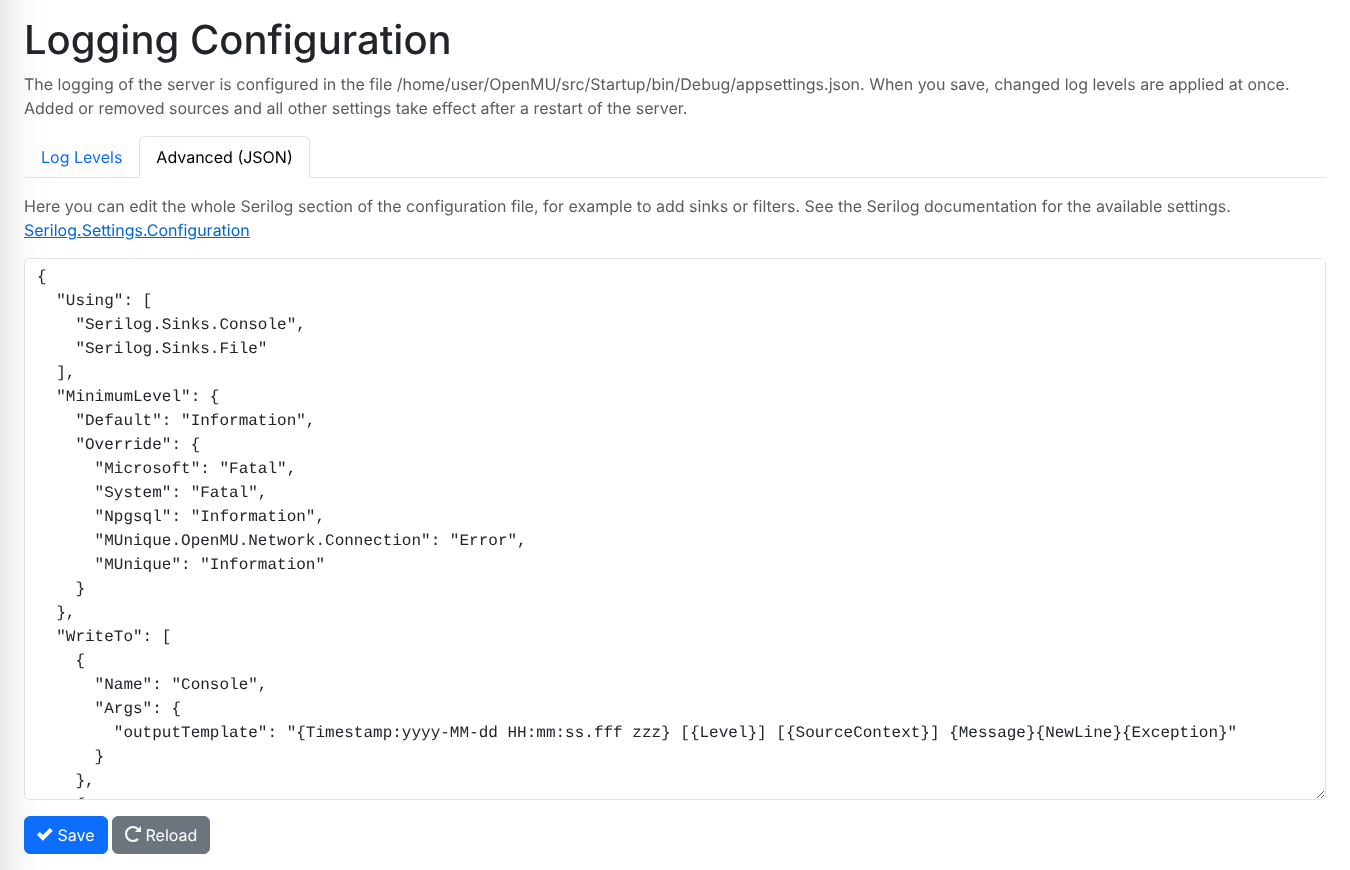 Advanced JSON editor of the logging configuration